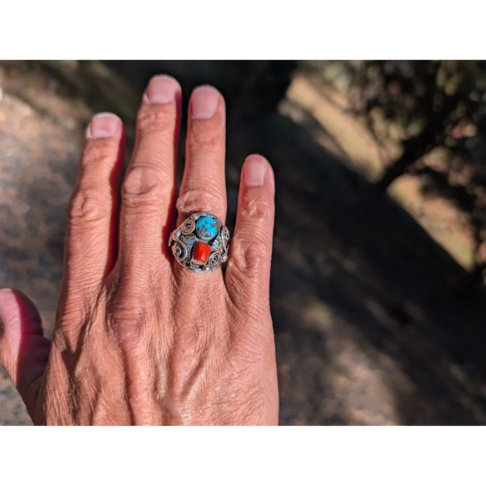 Navajo Men's Ring Sterling Silver Turquoise Coral by Lorena Brown sz 11.5 ***